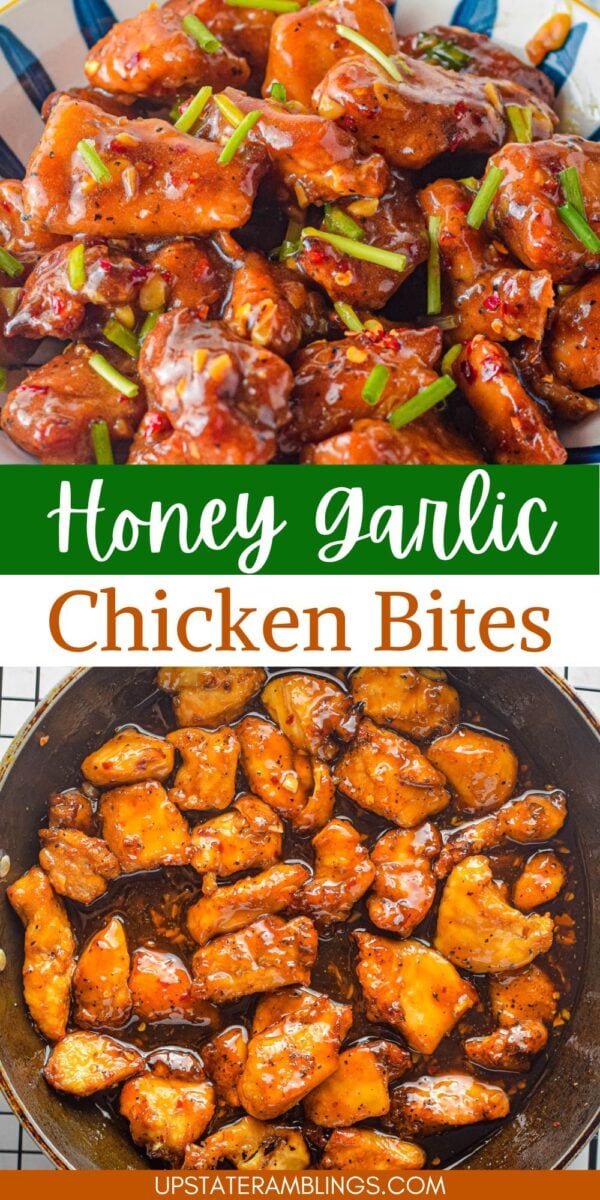 Two images of honey garlic chicken bites: the top shows chicken pieces garnished with green onions, the bottom shows air fryer honey garlic chicken cooking in a pan coated with sauce. Text reads "Honey Garlic Chicken Bites.