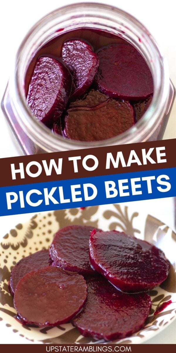 A jar and a bowl filled with homemade pickled beets, accompanied by text reading "How to make pickled beets.