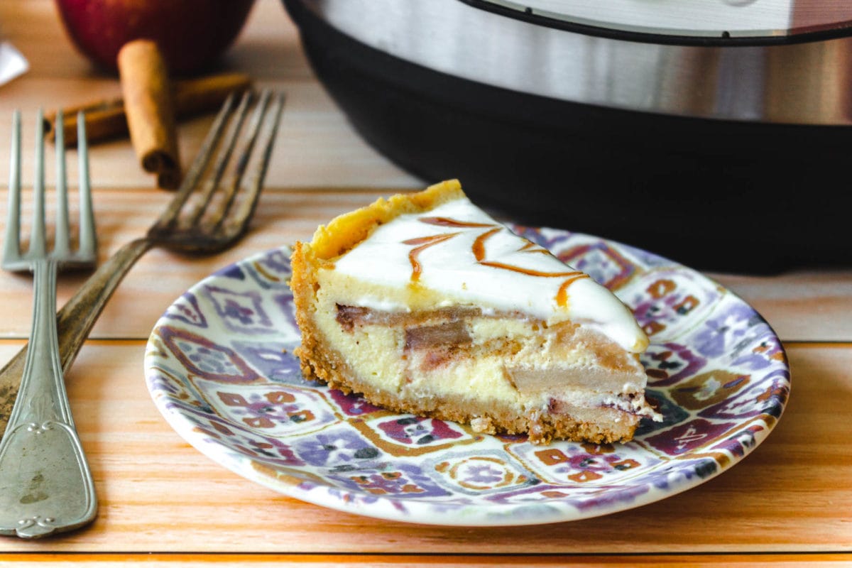 cheesecake slice in front of Instant Pot