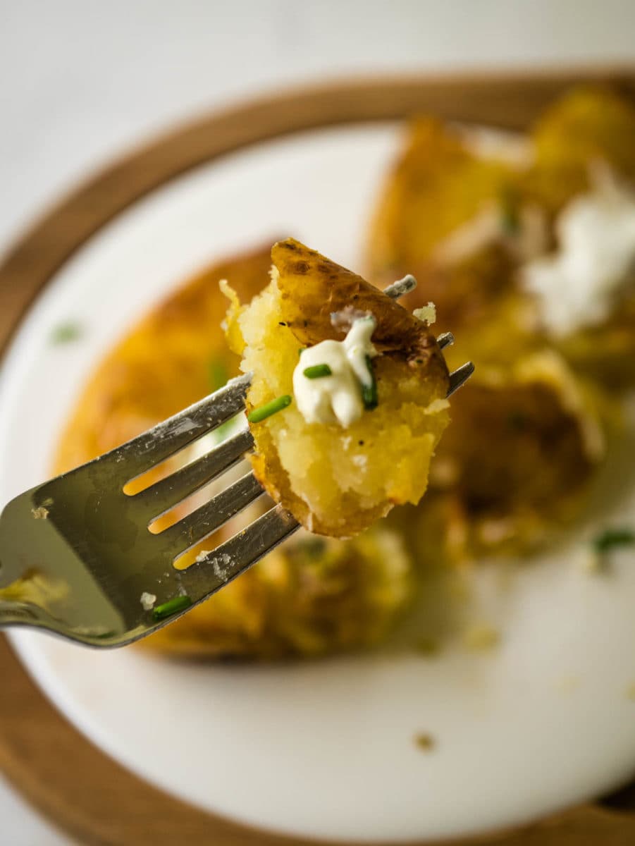 smashed potatoes on a fork