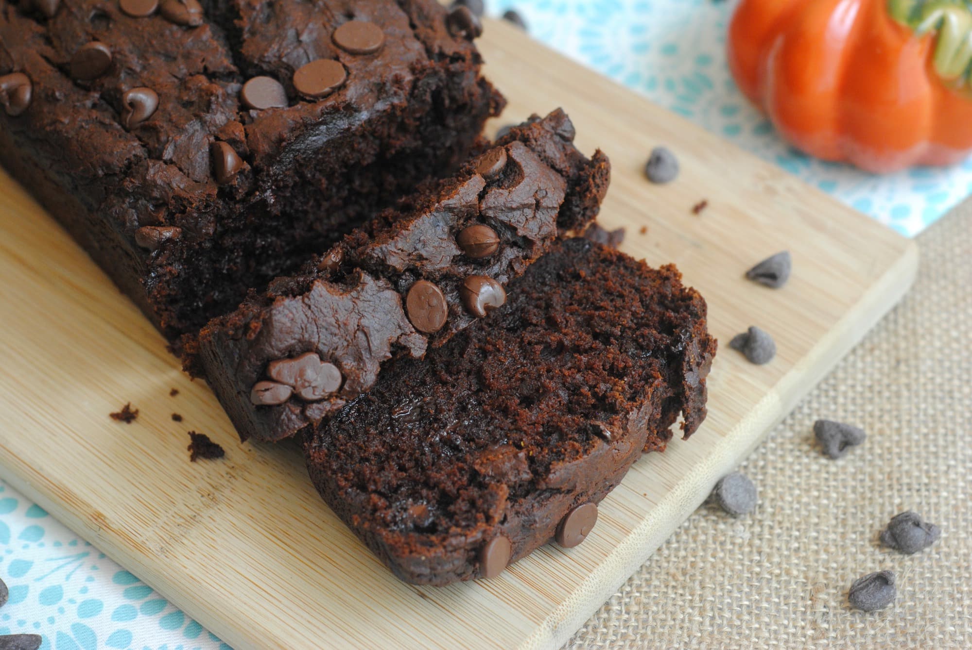 chocolate pumpkin bread with scattered chocolate chips