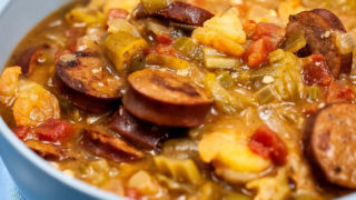closeup of gumbo in a bowl