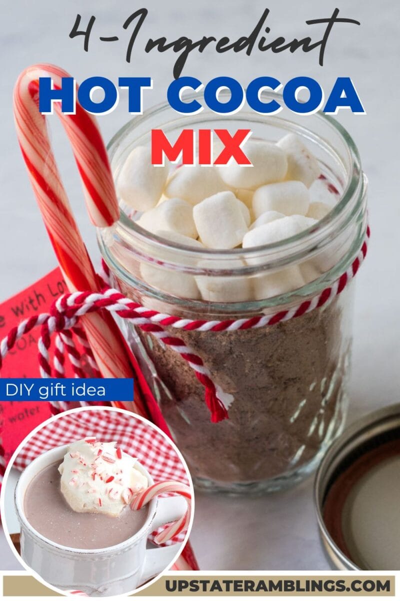 A mason jar filled with homemade hot chocolate mix and marshmallows, decorated with a red-and-white string and a candy cane, labeled as a 4-ingredient hot cocoa mix DIY gift idea.