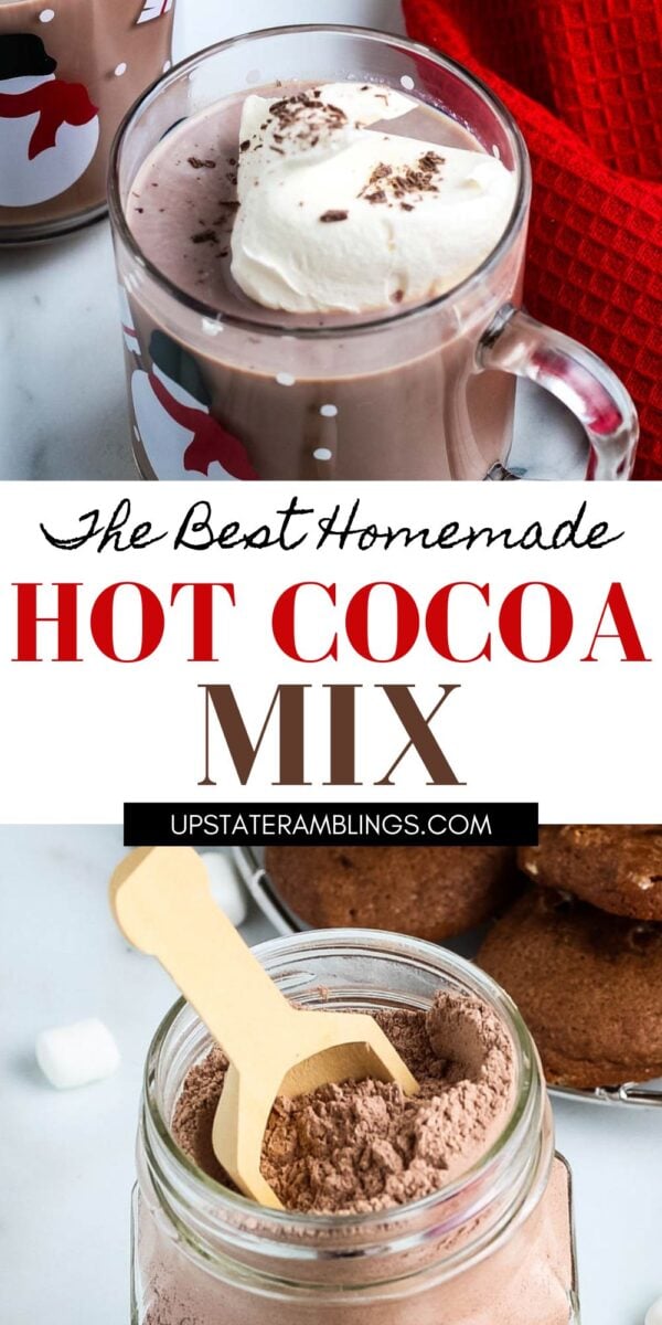 A glass mug of hot cocoa with whipped cream, a red towel, and a jar of homemade hot chocolate mix with a wooden scoop are shown, along with text about making your own delicious homemade hot cocoa mix.