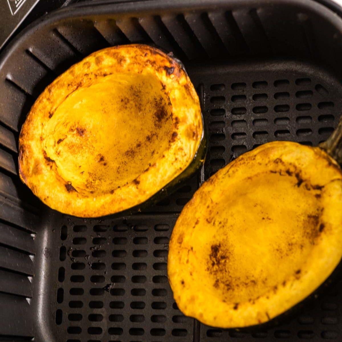 Acorn squash after air frying with some of the insides scooped up on a fork.