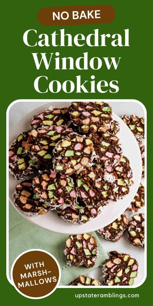 A plate of sliced no-bake church window cookies with colorful marshmallows and chocolate, arranged on a white dish.