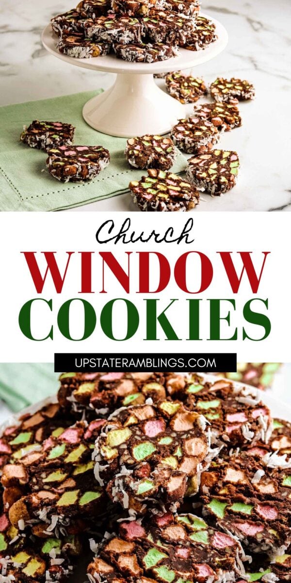 Sliced church window cookies with colored marshmallows and chocolate are arranged on a plate and a green napkin. The text reads "Church Window Cookies," showcasing the classic charm of this vibrant, no-bake treat.