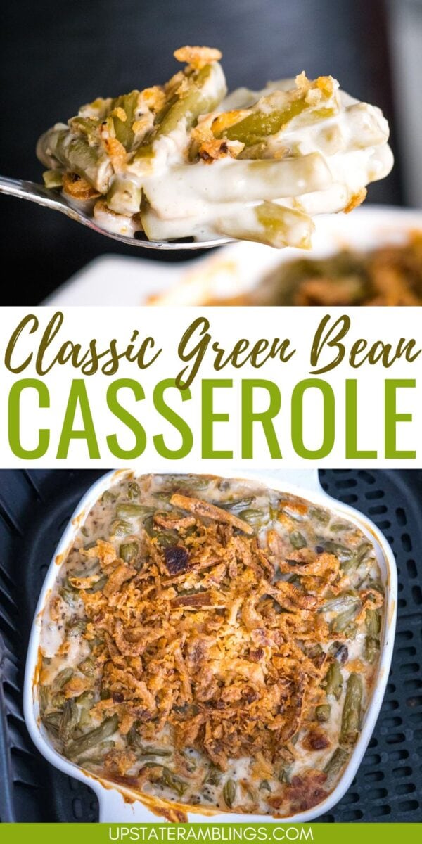 A classic Campbell’s green bean casserole baked to perfection, topped with crispy fried onions in a white dish, with a serving being lifted on a spoon.