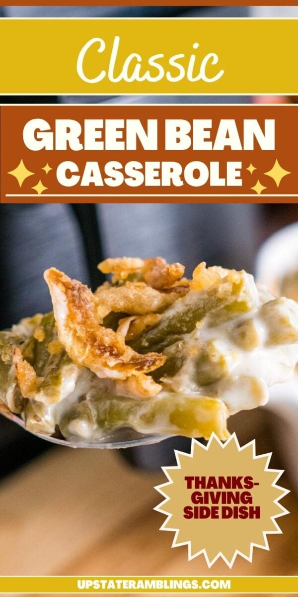 A spoonful of classic Campbell's green bean casserole topped with crispy fried onions, with text highlighting it as a Thanksgiving side dish.