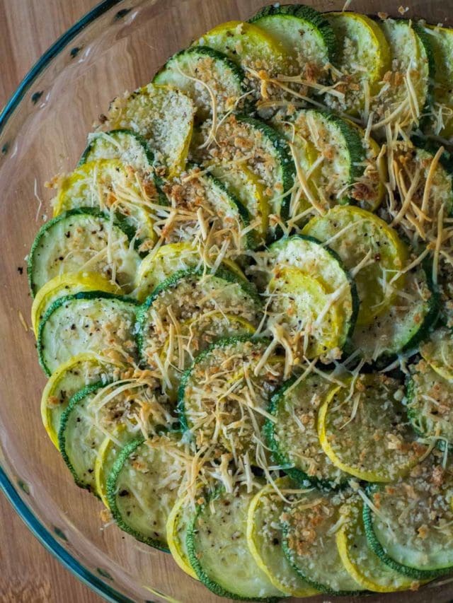 top view of zucchini squash casserole after baking