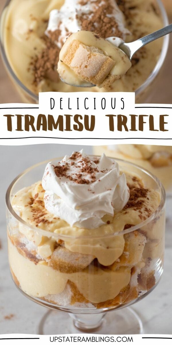 Image of a delectable tiramisu trifle in a glass dish, garnished with whipped cream and a dusting of cocoa powder. A spoon with a piece of the tiramisu trifle is visible in the background. Text reads "Delicious Tiramisu Trifle.
