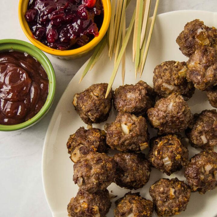 top view of meatballs on a plate for dipping