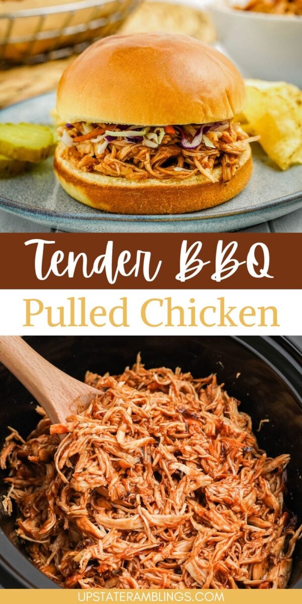 A BBQ pulled chicken sandwich with pickles and chips on a plate, alongside a slow cooker pulled chicken being stirred with a wooden spoon.