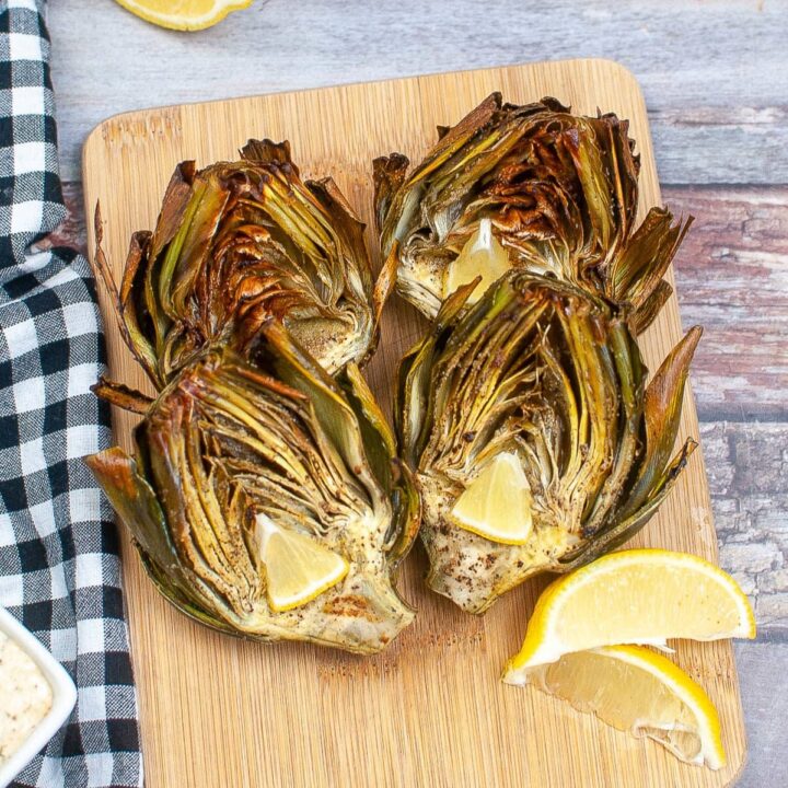 closeup of artichokes cooked in air fryer