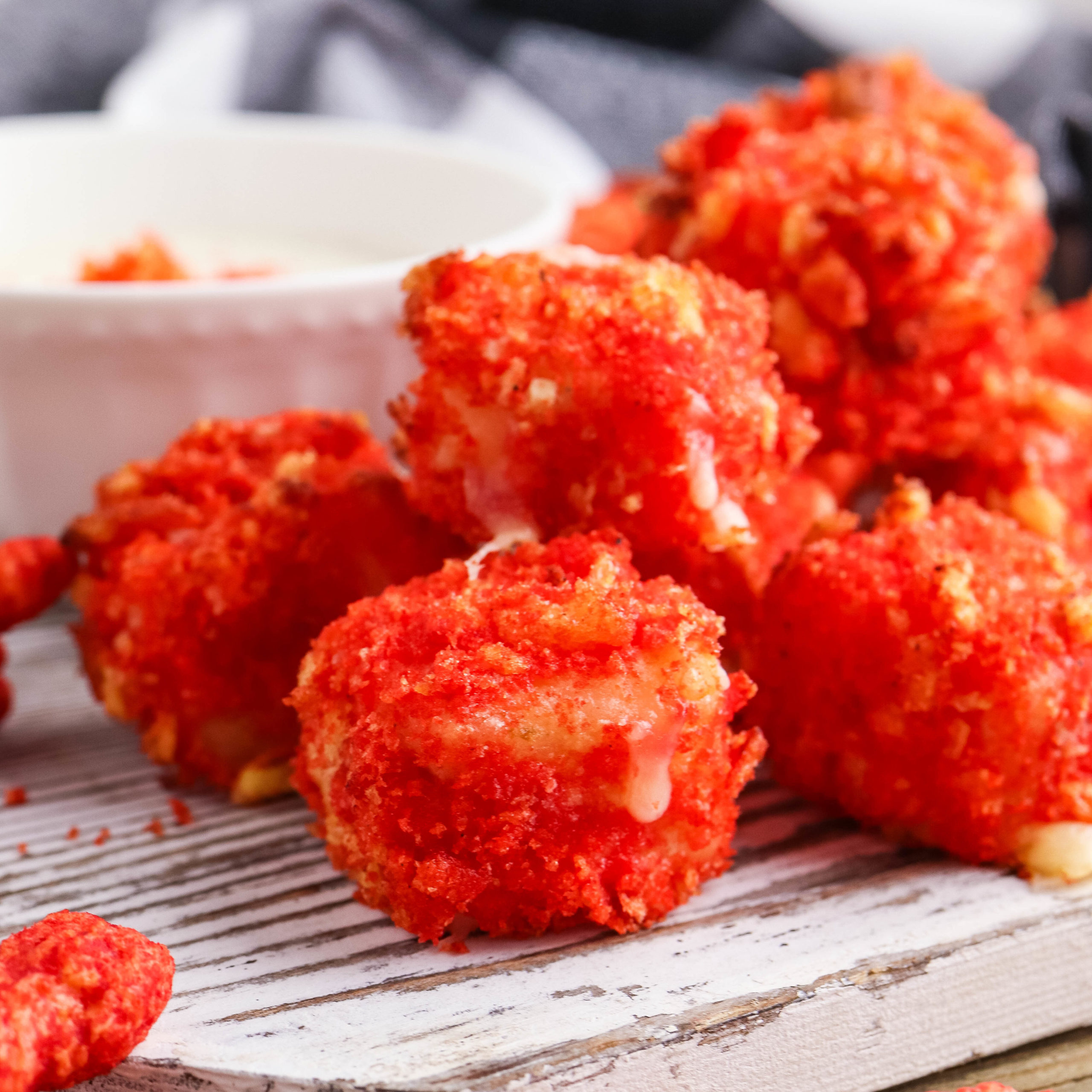 Flamin hot cheetos air fryer cheese bites after cooking.