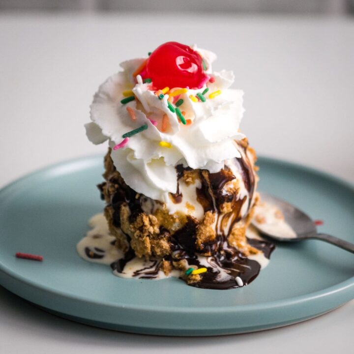 closeup of air fried ice cream with toppings.