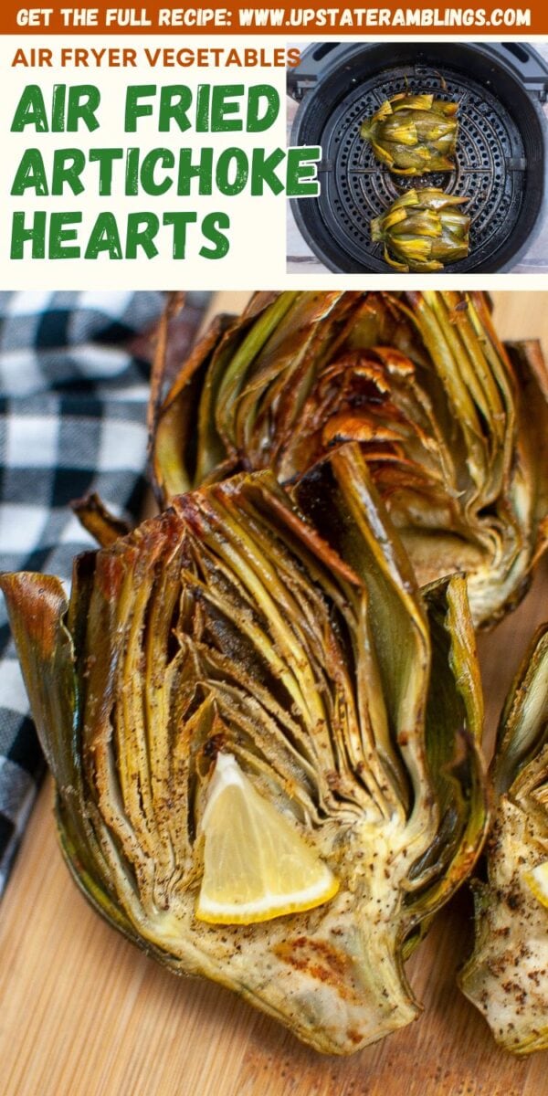 Air fryer artichokes served on a wooden board with a lemon wedge, alongside a checkered cloth and an air fryer basket in the background.