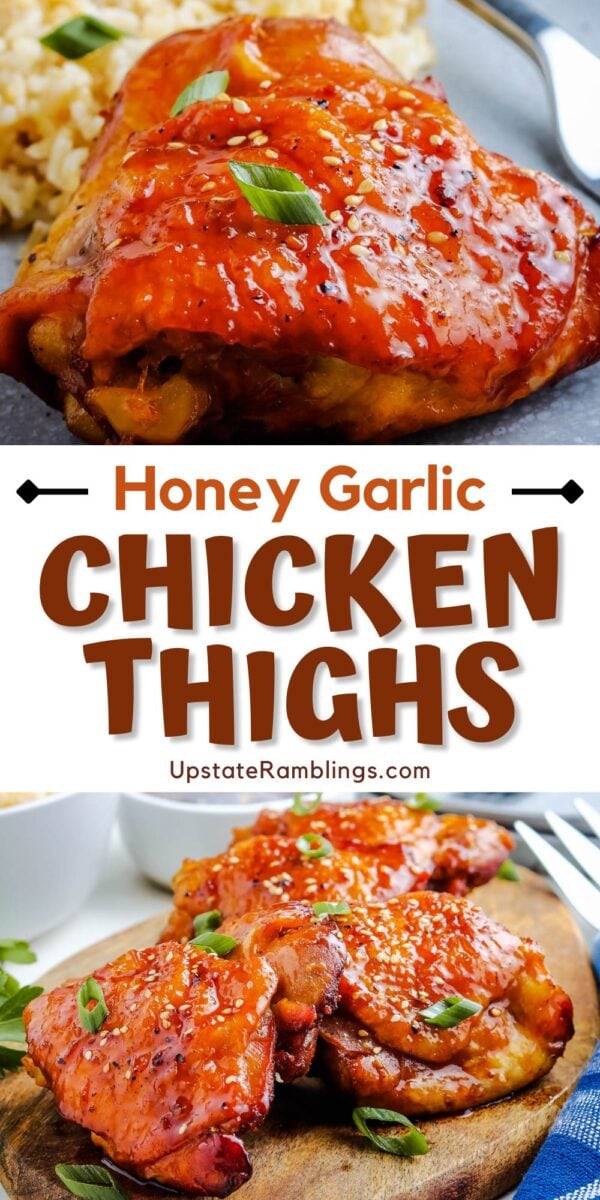 Instant Pot honey garlic chicken thighs, glazed to perfection, served with rice and garnished with green onions, beautifully presented on a plate atop a wooden board.