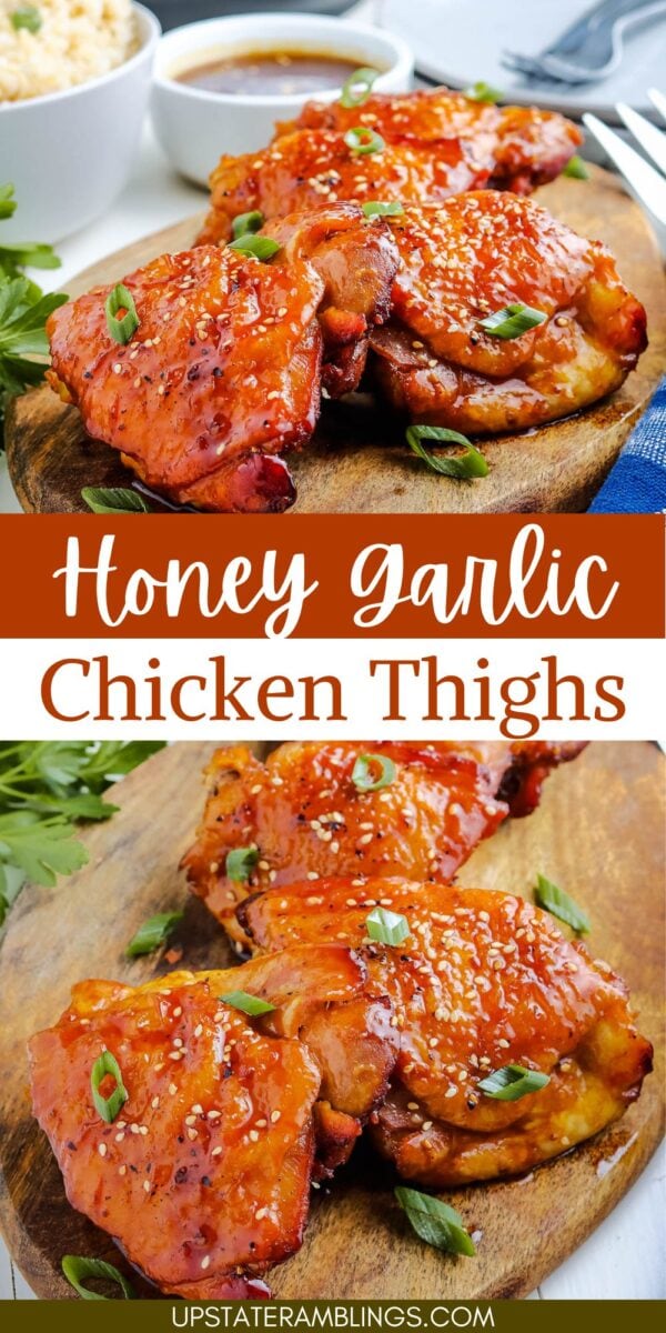 Instant Pot honey garlic chicken thighs glazed with a savory honey garlic sauce, garnished with chopped green onions and sesame seeds, served on a wooden board with extra sauce and rice.