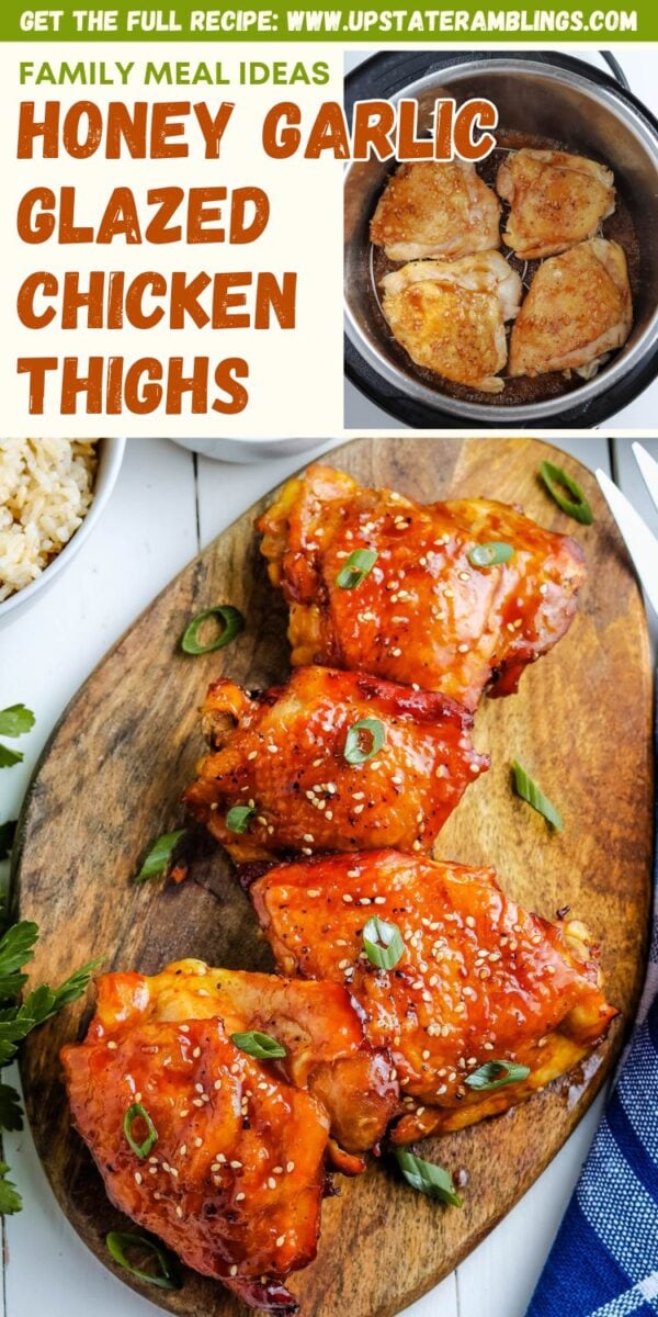 Four honey garlic glazed chicken thighs, inspired by instant pot honey garlic chicken, are garnished with green onions and sesame seeds on a wooden board, with a bowl of rice and a pan of seared chicken nearby.