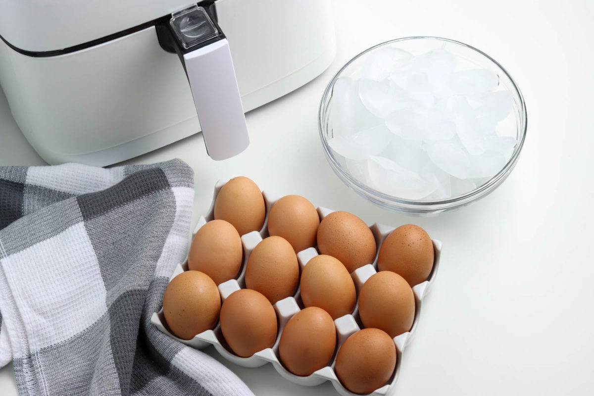 eggs and ice water in front of air fryer