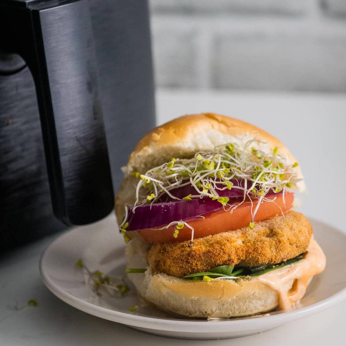 salmon burger in front of air fryer