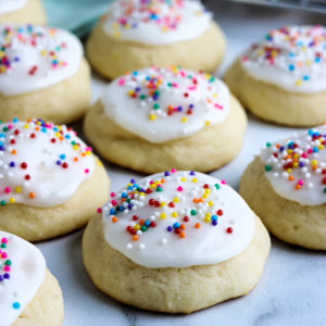 closeup of ricotta cookies with colorful sprinkles