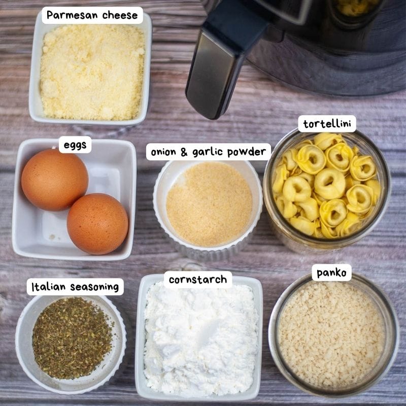 labeled picture of air fryer tortellini ingredients