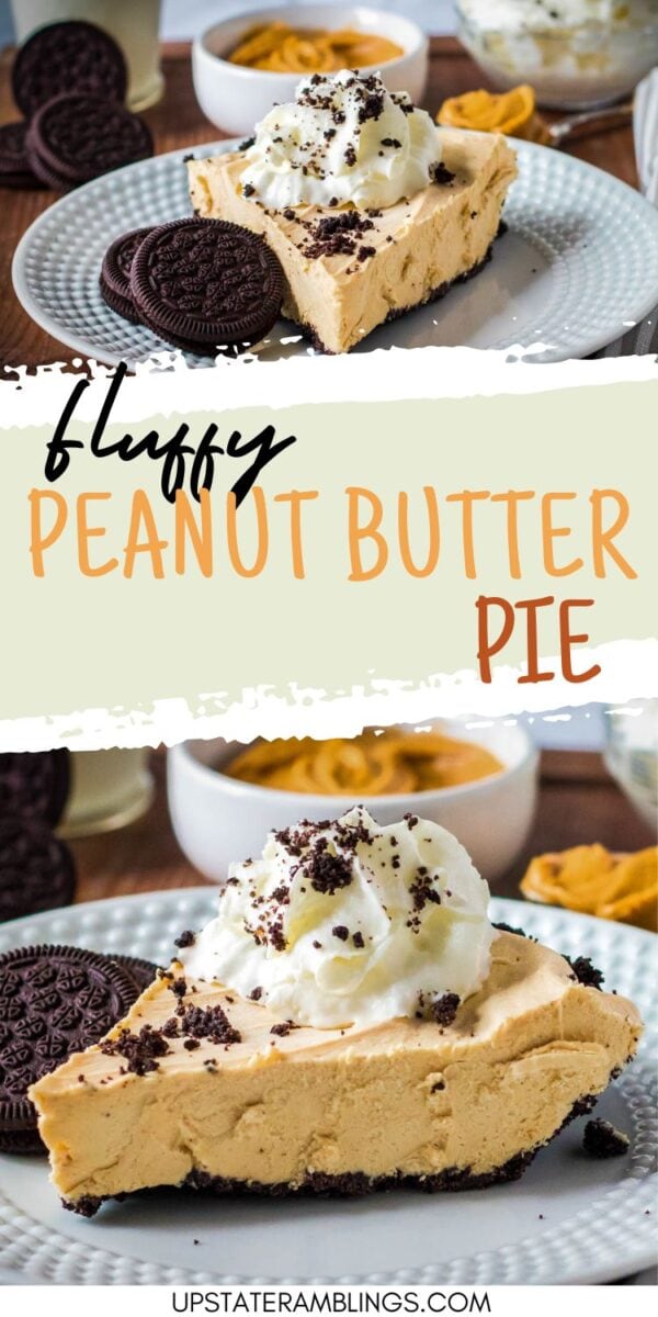 A slice of no bake peanut butter pie with whipped cream and cookie crumbs on a plate, served with chocolate sandwich cookies and a bowl of chips in the background.
