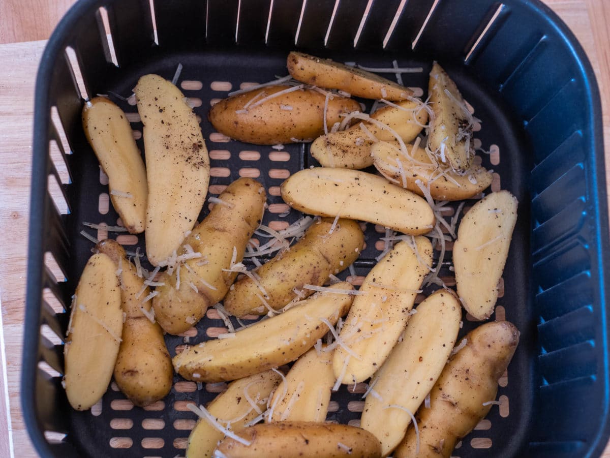 fingerling potatoes in a basket before air frying
