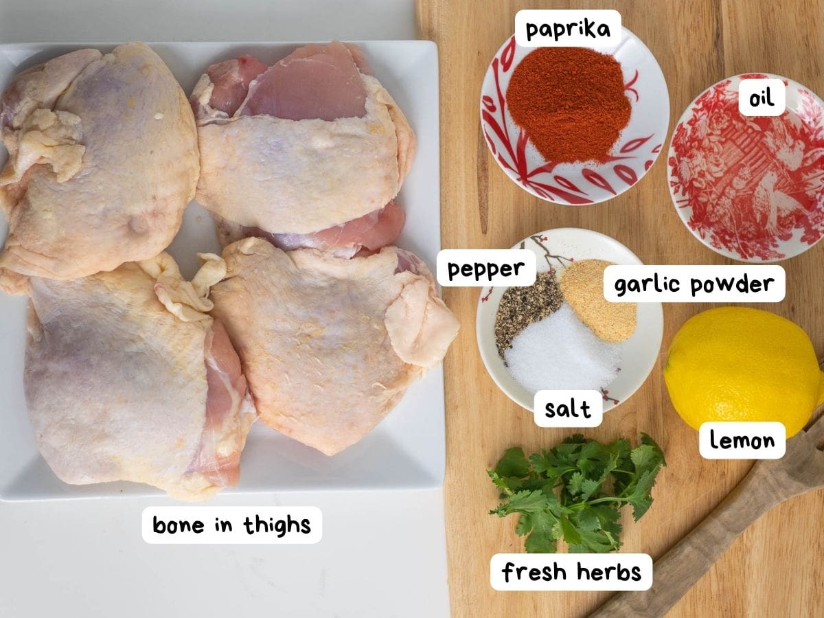 labeled photo of ingredients for air fryer chicken thighs