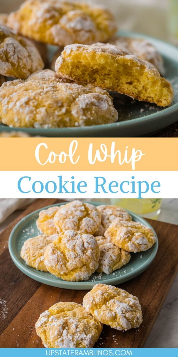 Plate of round, yellow cool whip cookies dusted with powdered sugar, some stacked and some on a wooden surface, with a website URL at the bottom.