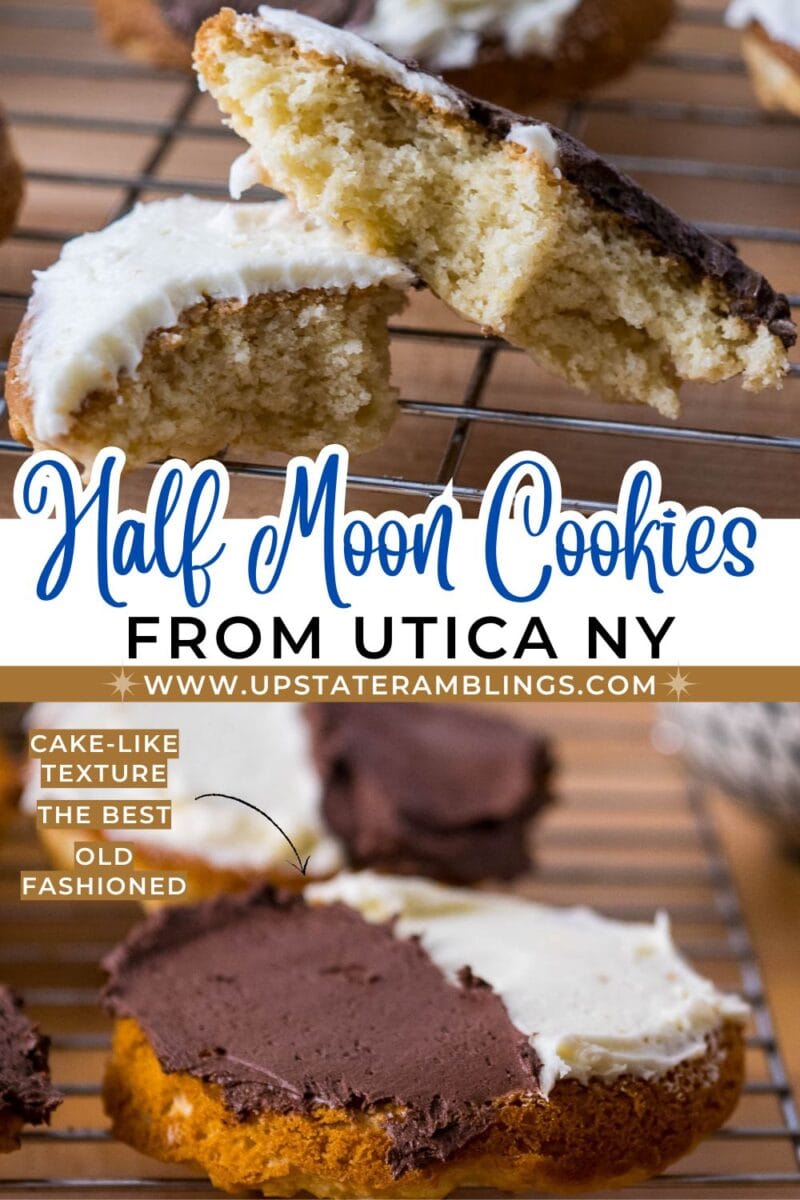 Two half moon cookies, one with a bite taken out, rest on a cooling rack. Each is frosted half with chocolate and half with white icing. Text labels identify the cookies.