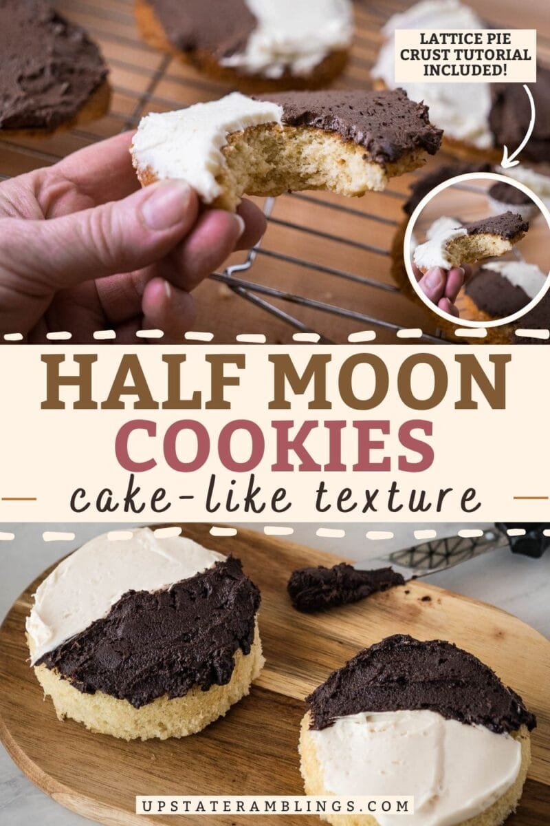 A hand holds a classic half moon cookie with chocolate and vanilla frosting; more half moon cookies rest on racks and a wooden board in the background.