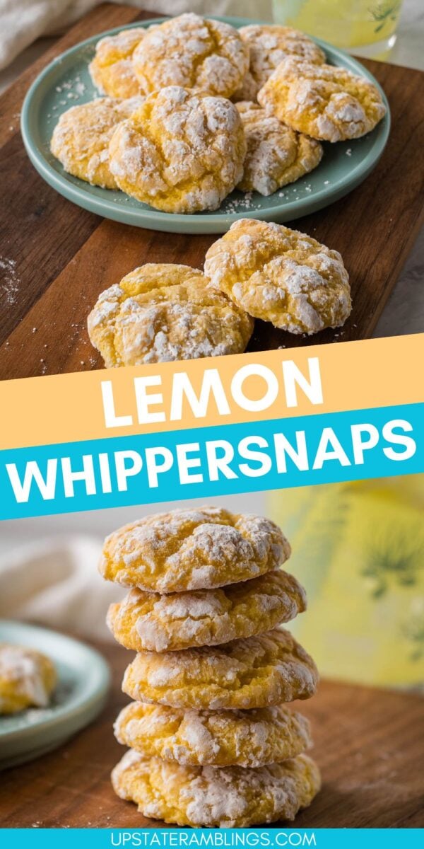 A plate and stack of lemon crinkle cookies dusted with powdered sugar, labeled "Lemon Whippersnaps." These cool whip cookies are featured on upstateramblings.com.