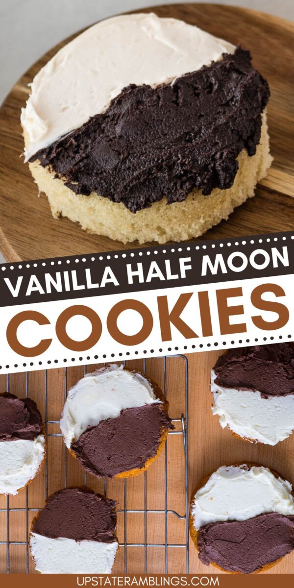 A classic half moon cookie with half chocolate and half vanilla frosting sits on a wooden board, surrounded by several more half moon cookies cooling on racks and arranged neatly on a plate.