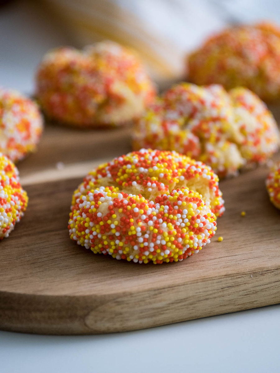 closeup of cake mix cookie with sprinkles
