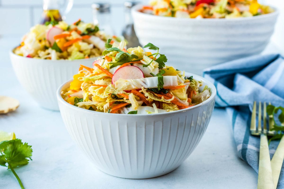side view of Ramen noodle salad with napa cabbage