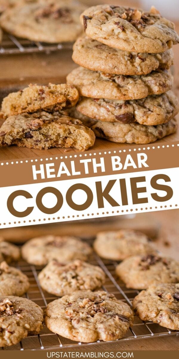 A stack of Heath Bar cookies on a cooling rack, with more cookies in the background. Text overlay reads "Health Bar Cookies.