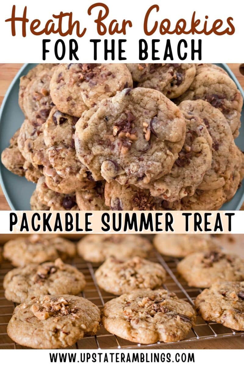 A plate of Heath Bar cookies and a cooling rack with more heath bar cookies, labeled as a packable summer treat for the beach.