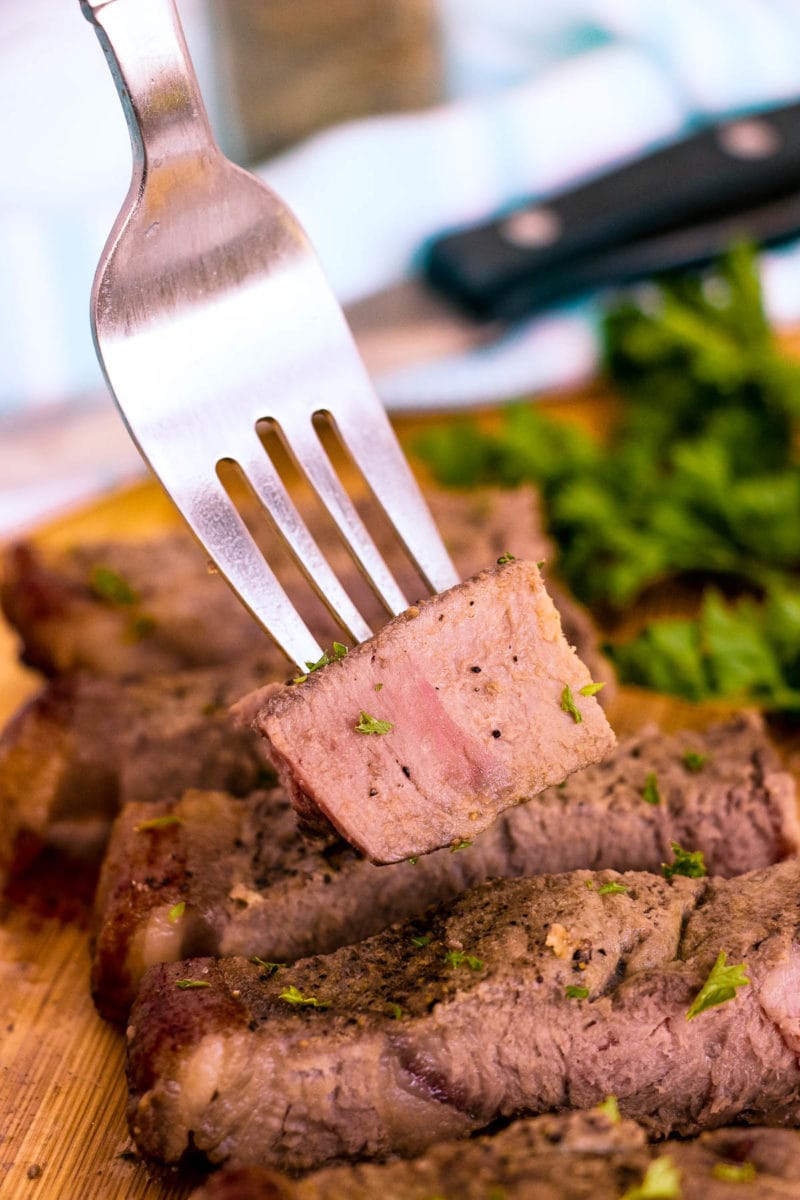 piece of air fryer steak on a fork