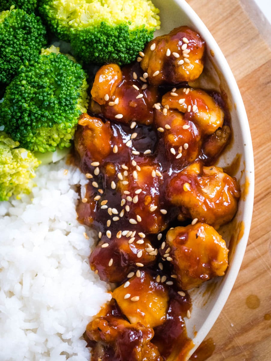 top view of General Tso chicken on a plate