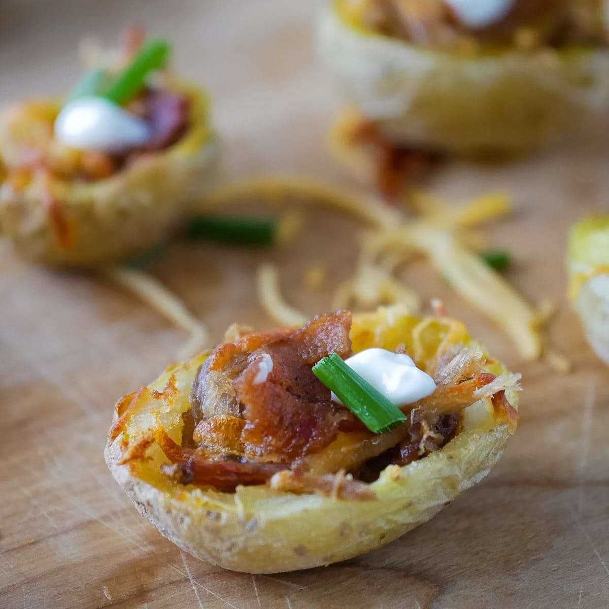 bite sized baby potato skins with pulled pork