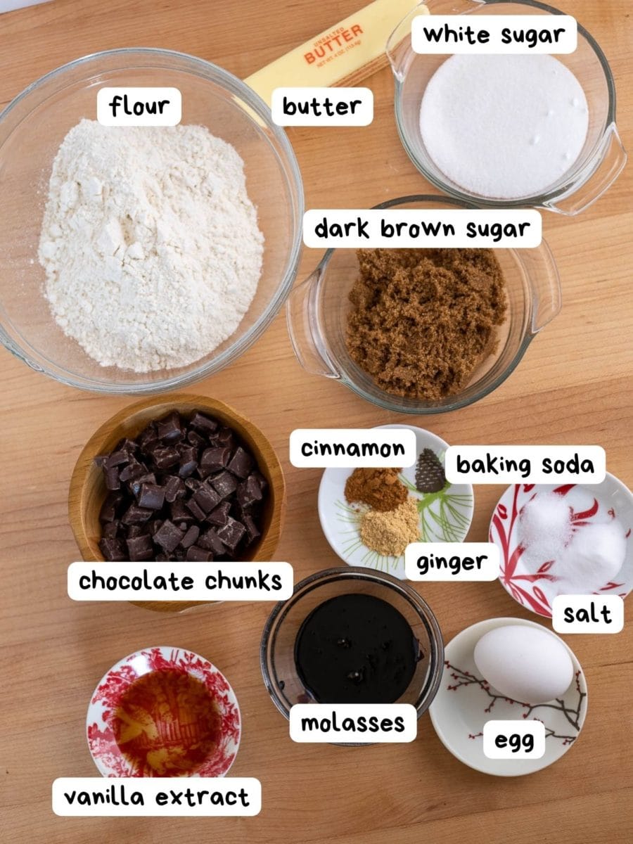 labeled ingredient picture of molasses chocolate chip cookies