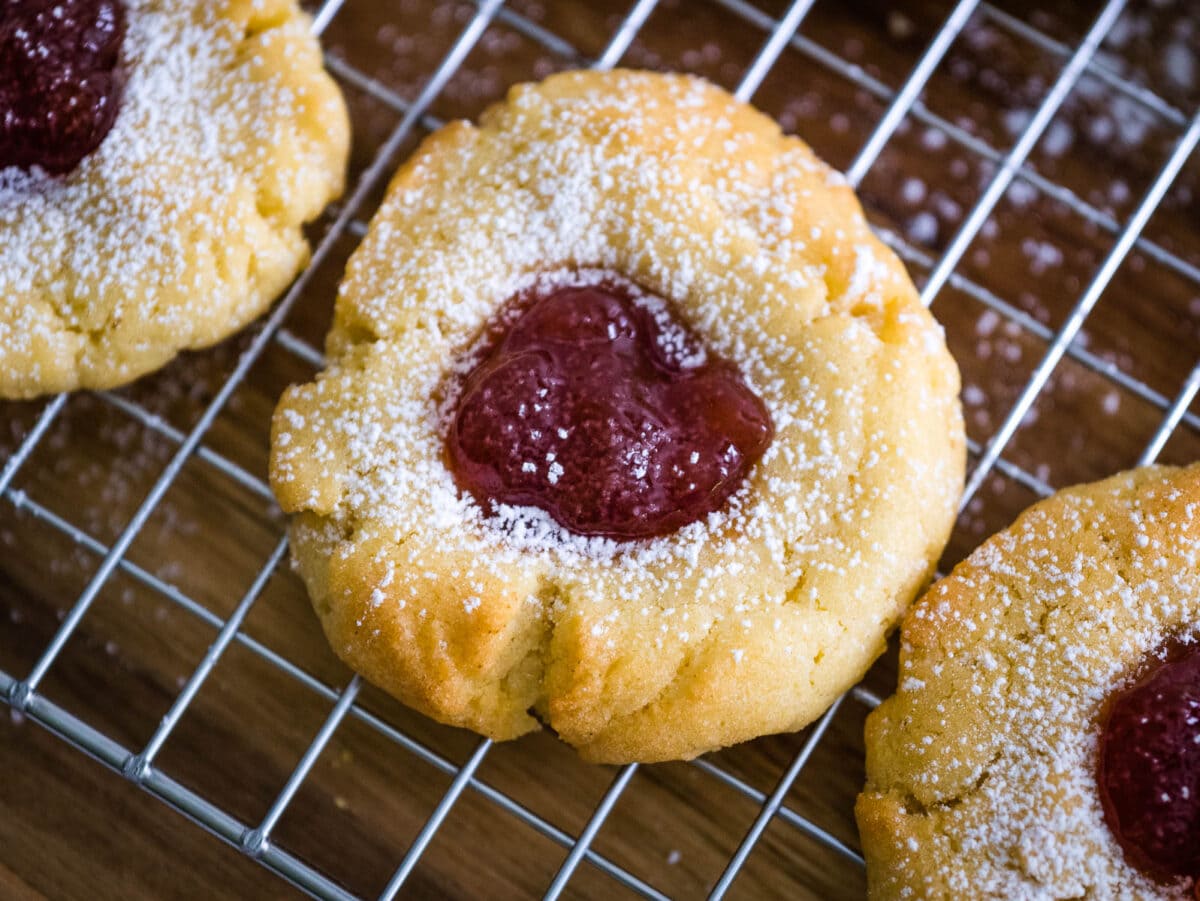 closeup of strawberry thumbprint cookie