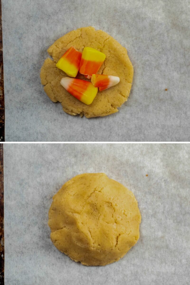 filling the cookies with candy corn