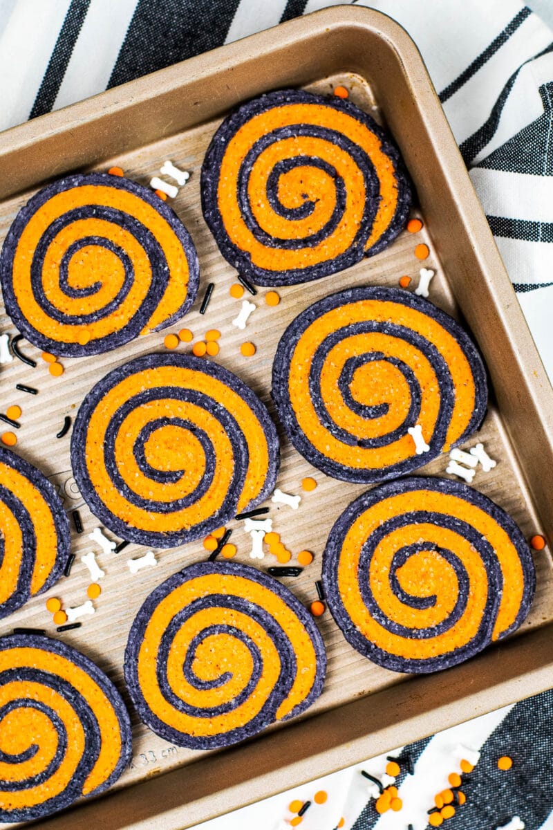 tray of halloween pinwheel cookies with sprinkles