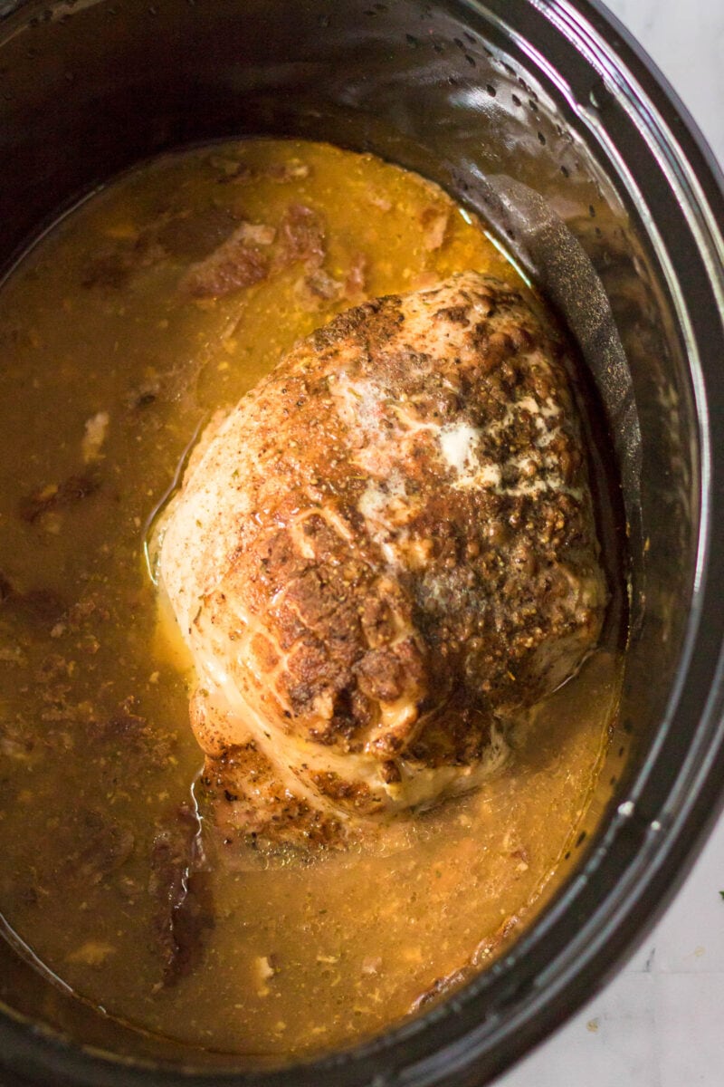 top view of turkey in crock pot