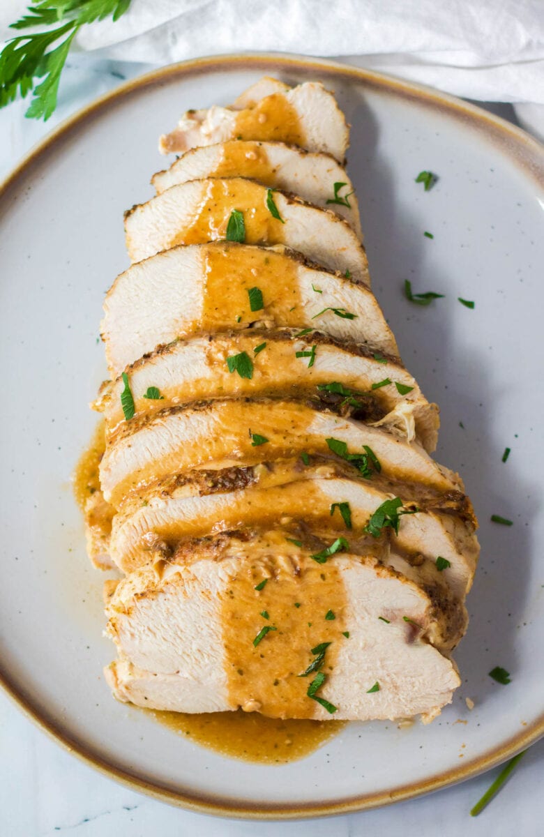 plate of sliced turkey breast with gravy