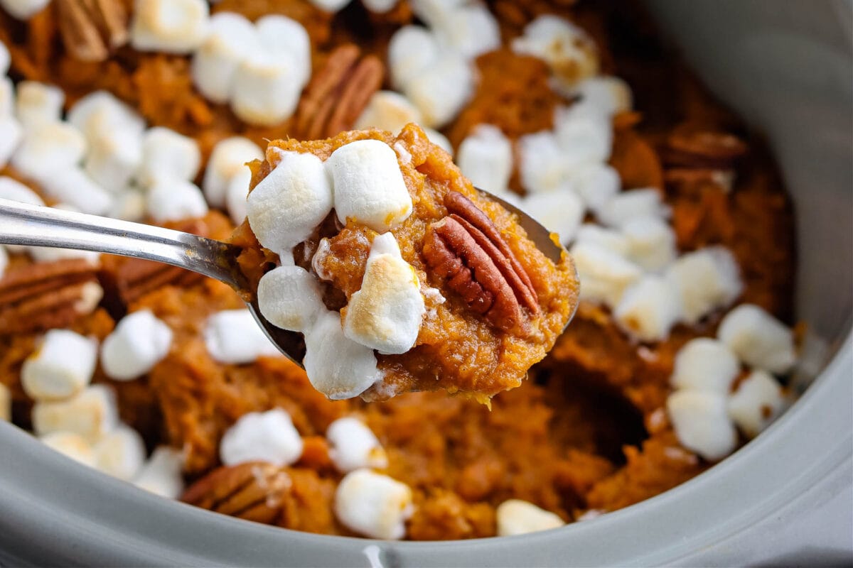 sweet potato casserole with marshmallows and pecans